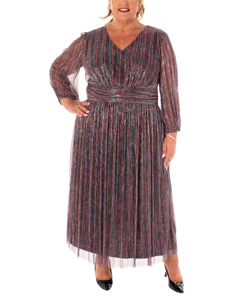 Front of a model wearing a size 18 METALLIC CRINKLE CHIFFON SILKY DENIER FULLY LINED DRESS in FUCHSIA MULTI by Taylor Dress. | dia_product_style_image_id:319352
